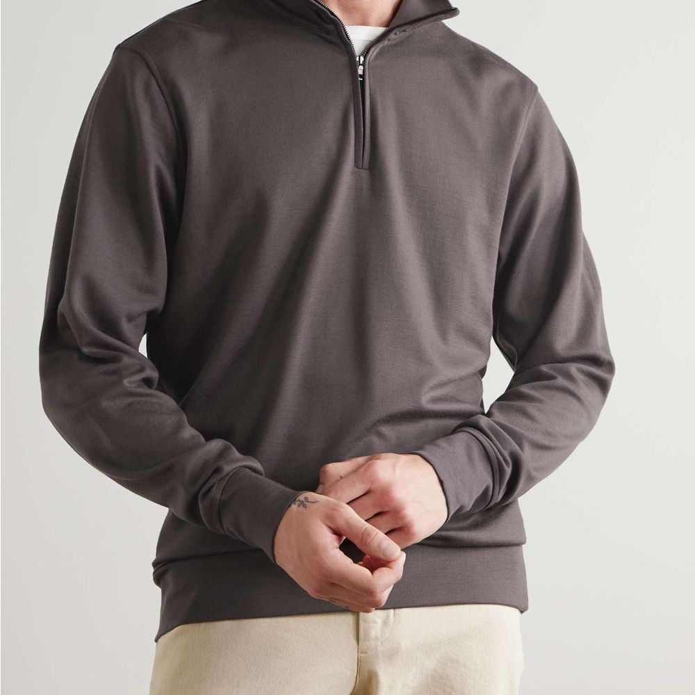 Orlebar Brown Isar Menâs Blue/Gray Wool Blend Jersey Half Zip Sweatshirt. Size M